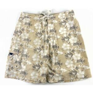 Utility Board Shorts Swim Trunks Men's Size 36 Cotton White and Tan Flowers